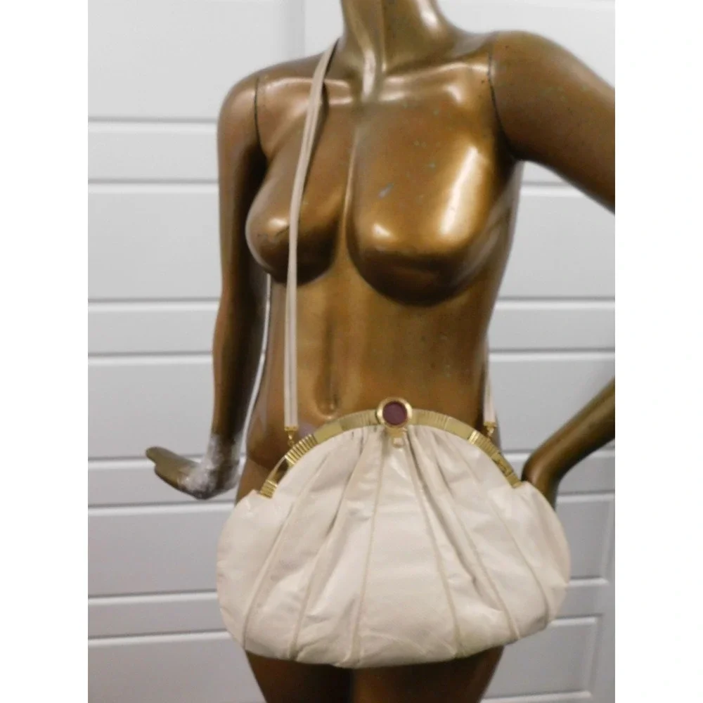 Judith Leiber Large Beige Karung Leather‎ Pink Quartz Cameo Clutch Shoulder Bag